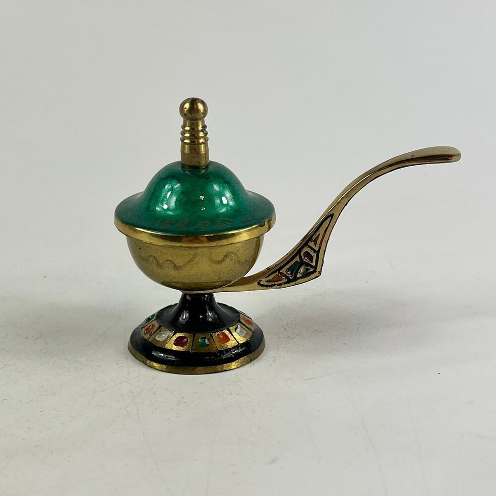 Vtg Brass Enamel Incense Burner Lamp Miniature Handpainted Middle Eastern Decor
